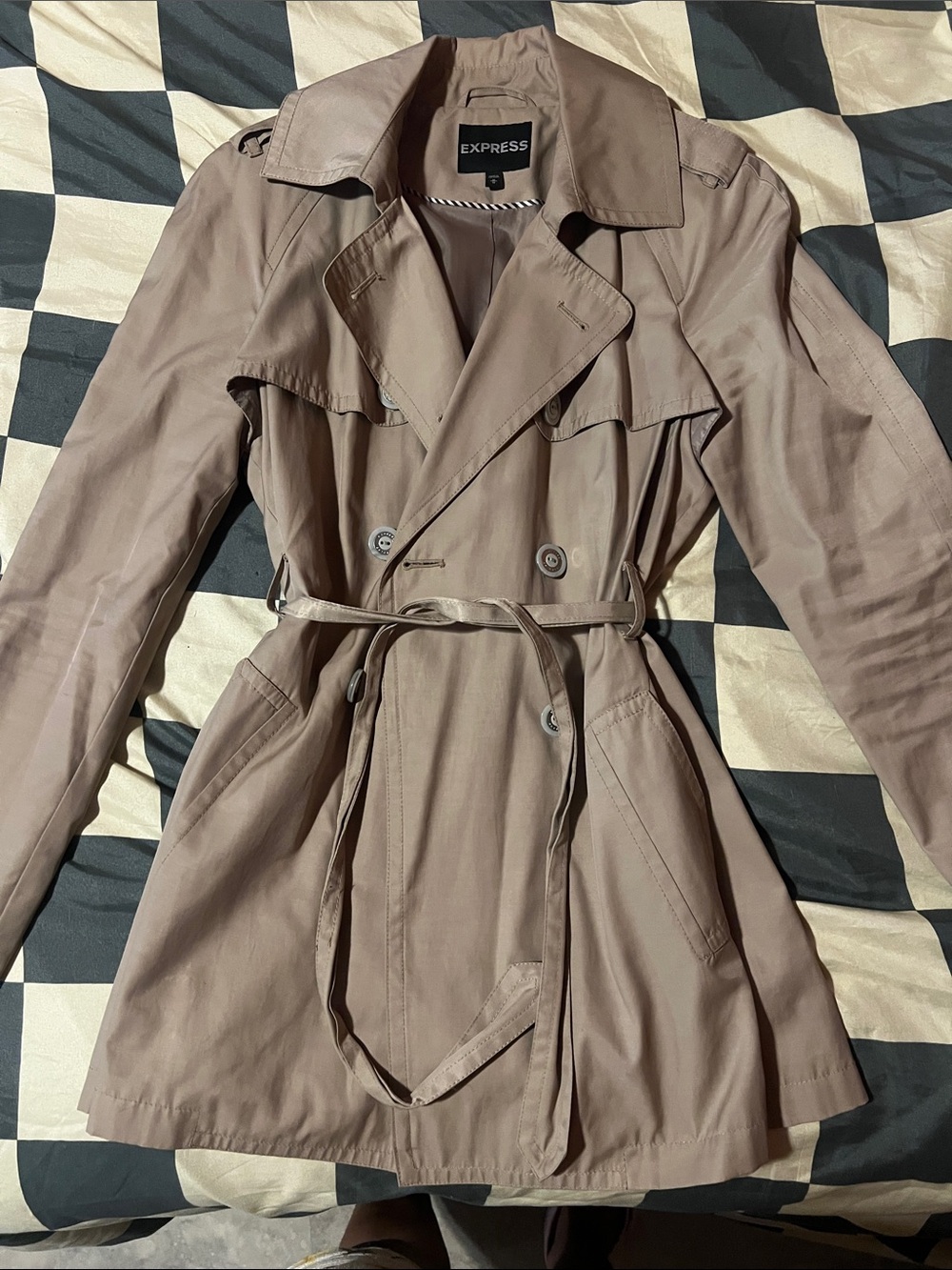 Express Taupe Double-Breasted Trench Coat with Belt